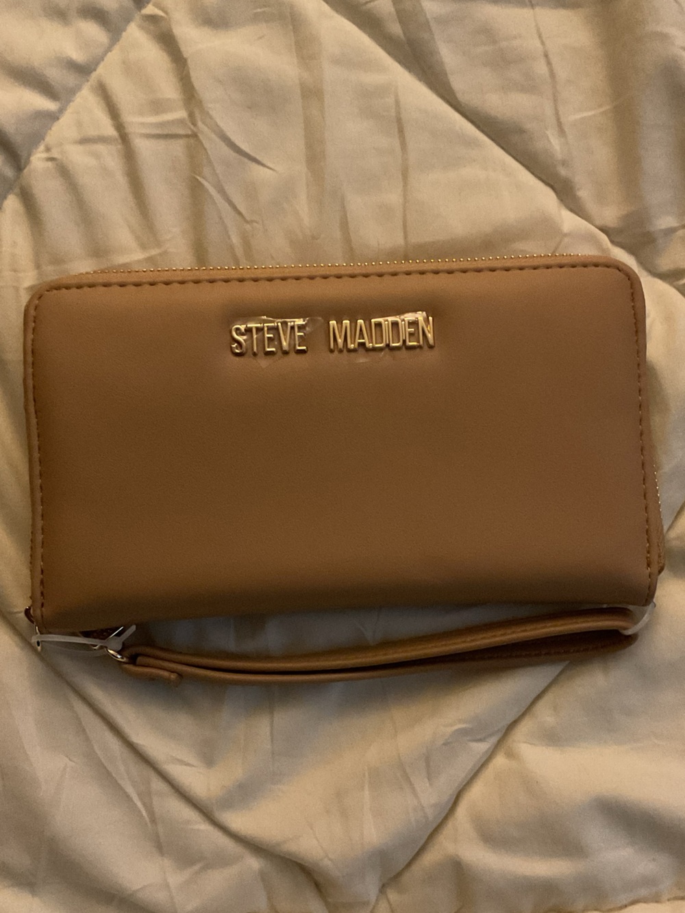Steve Madden Camel Tan Wristlet with Gold Logo